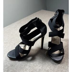 Black Strappy Stiletto Heels Elastic Back Zip Size 8.5 (CN39) - New in Box